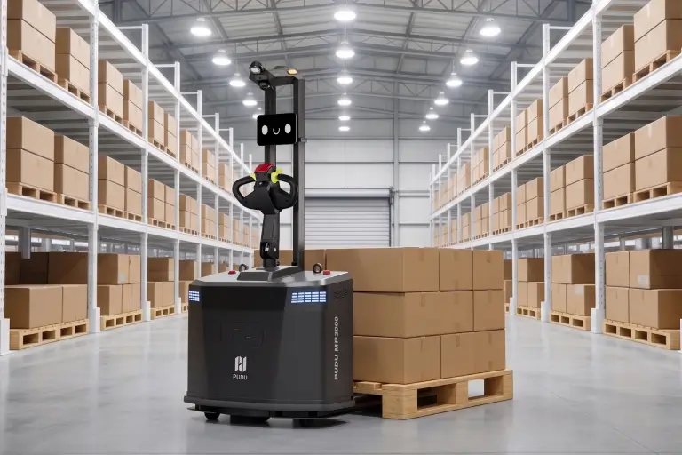 PUDU MP2000 logistikos centre tarp stelažų