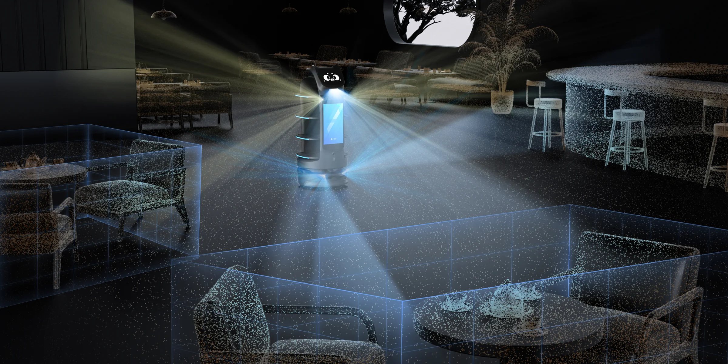 Iliustracija: PUDU BellaBot Pro jutikliai restorano salėje mato kelią prieš robotą